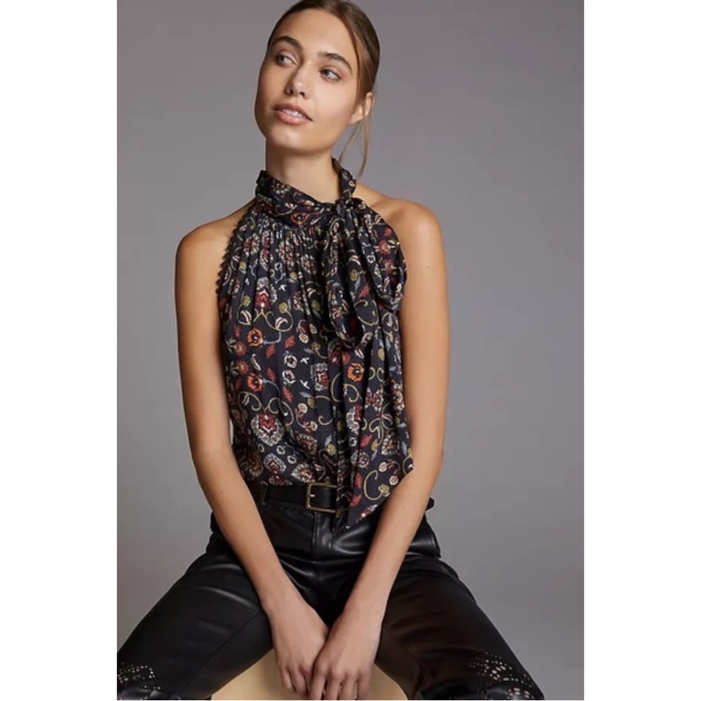 NWT ANTHROPOLOGIE SACHIN & BABI SLEEVELESS TIE-NECK BLOUSE (BLACK MO…